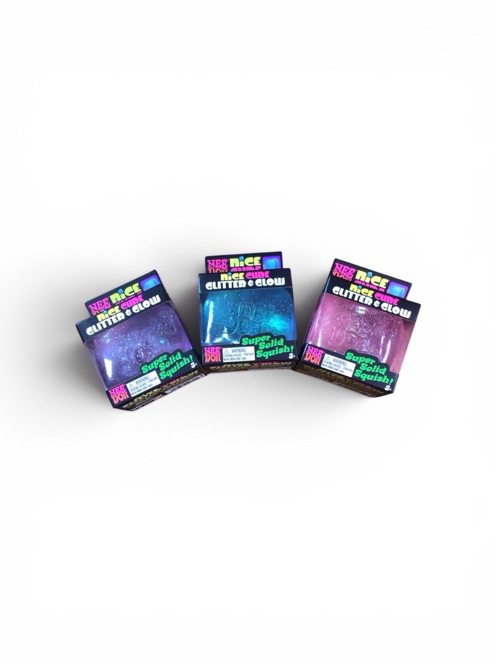 NeeDoh Nice Cube Glitter & Glow Set Of 3 Squishy Toy Nee Doh (Blue Pink Purple)